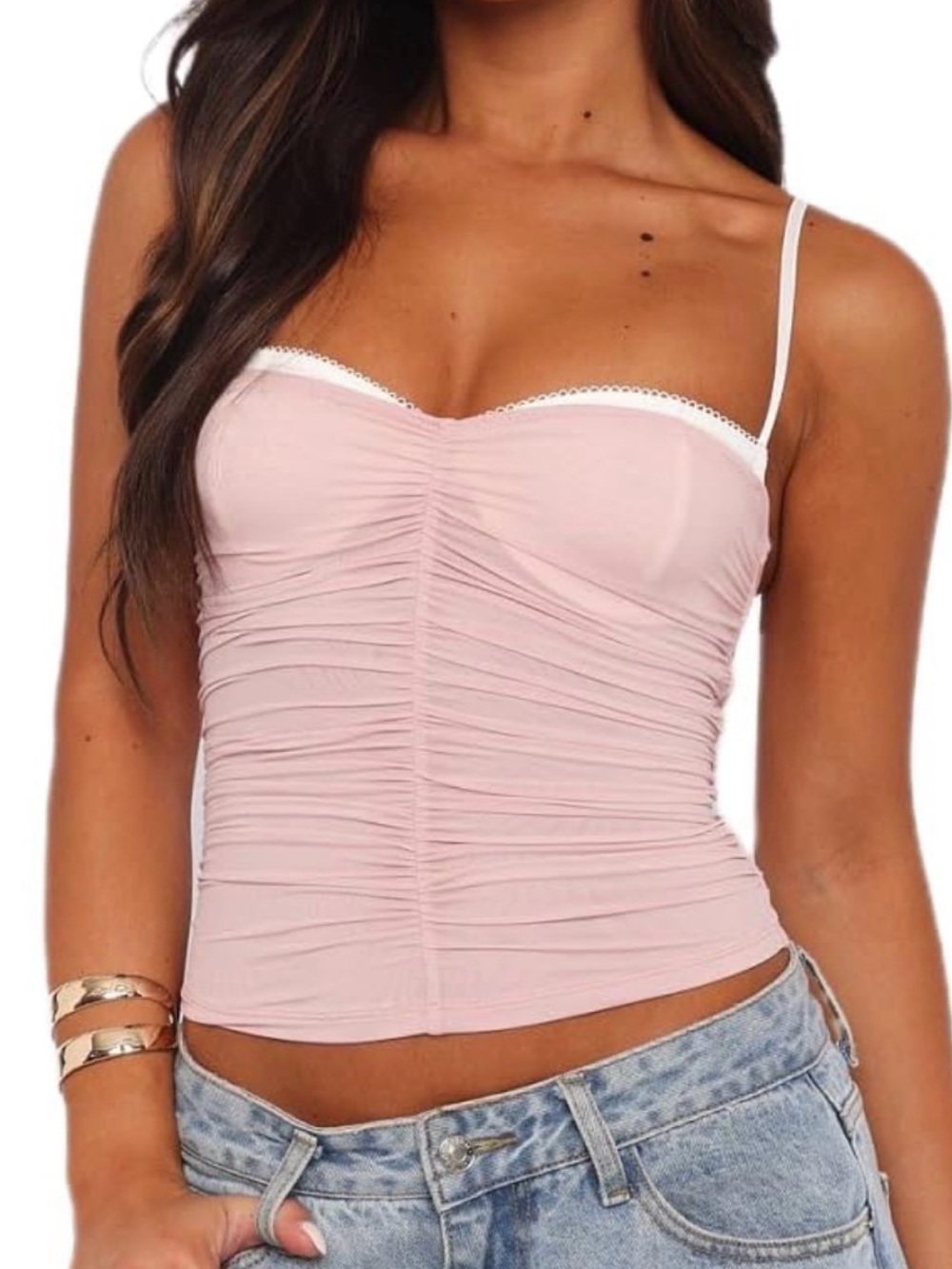 White Fox Women's Ruched Spaghetti Strap Cami - Light Pink